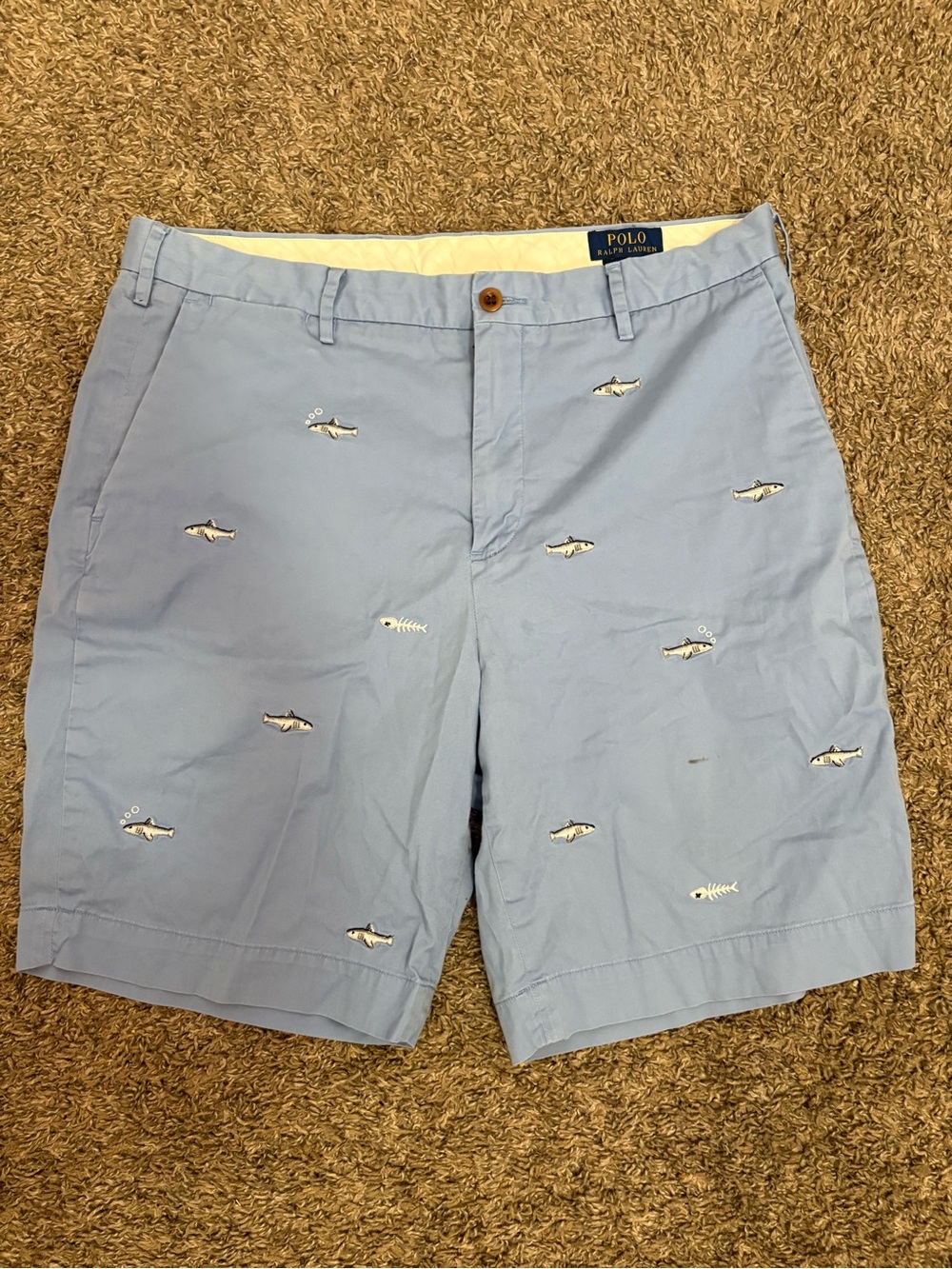 Polo Ralph Lauren Chino Shorts Men 35 Light Blue Shark Fish Print Classic Fit